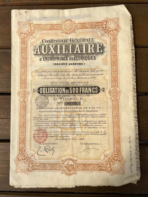 Vertybinis popierius - obligacija, 1909 m. Belgija. Obligation de 500 Francs. Bruxelles. Dydis: 25 x 36 cm., perlenktos. Originalas. Kaina 28