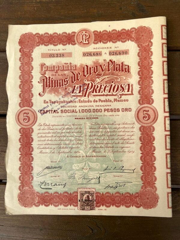 Vertybinis popierius - obligacija, 1909 m. Meksika. Capital Social 1.000.000 Pesos oro. Mexico. Dydis: 36 x 28 cm. Kaina 28