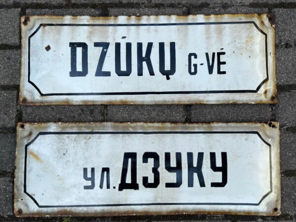 Iškaba, lentelė, emaliuotas tarybinių laikų, sovietinis gatvės pavadinimas. DZŪKŲ G-VĖ. УЛ. ДЗУКУ. Kaina po 33