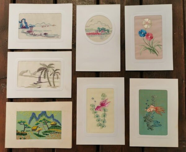 Atvirukai atverčiami. Siuvinėjimai šilke. Rankų darbas, Vietnamas. 5-tas dešimtmetis. 7 vnt. Kaina po 6