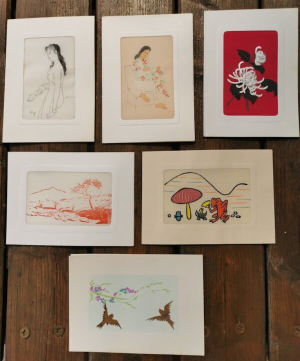 Atvirukai atverčiami. Piešiniai ant šilko. Rankų darbas, Vietnamas. 5-tas dešimtmetis. Liko 5 vnt. APATINĖ PARDUOTA. Kaina po 6