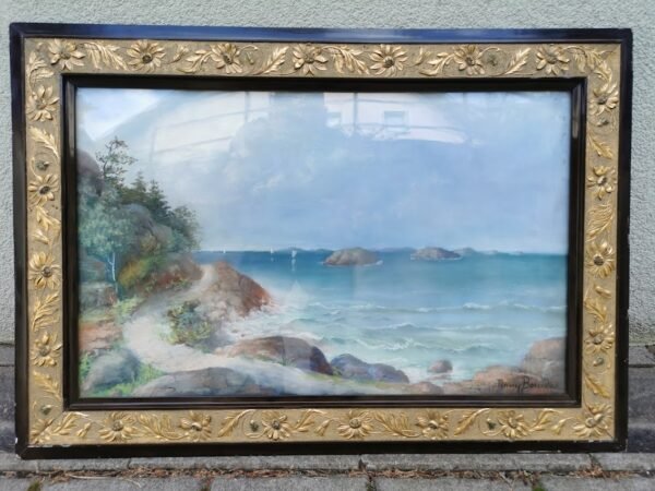 Rėmas medinis, auksuotas, paveikslas su stiklu, antikvarinis. Kaina 87