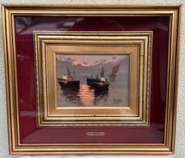 Paveikslas Žvejų valtys, marinistinis peizažas, drobė, aliejus. F. Papa. Italija. Kaina 188