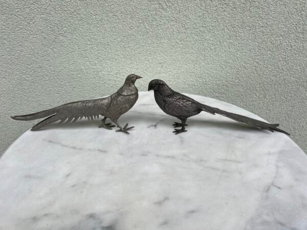 Statulėlės Fazanai, fazanas, porelė, metalinė, sidabro spalvos, vintažinė. Prancūzija, Italija. 1950–1970 m. Kaina 143 už abu