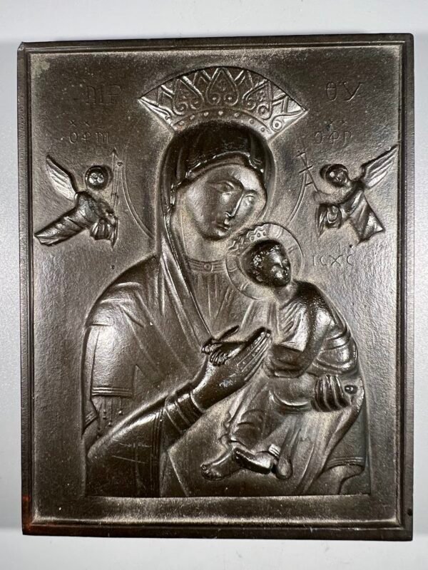 Ikona antikvarinė, metalinė Marija Dievo motina, kūdikis Jėzus ir angelai. Kaina 93