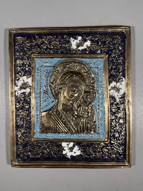 Ikona, plaketė Marija Dievo Motina su kūdikiu, antikvarinė, stačiatikių, krikščionių ortodoksų, pravoslavų, puošta 3 spalvų emale. Kaina 187
