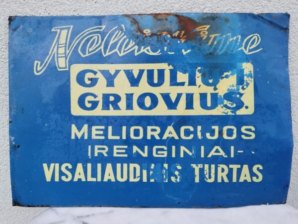 Iškaba, lentelė skardinė lietuviška, tarybinių laikų NELEISKIME GYVULIŲ Į GRIOVIUS. MELIORACIJOS ĮRENGINIAI - VISALIAUDINIS TURTAS. Dydis: 36 x 52 cm. Kaina 22