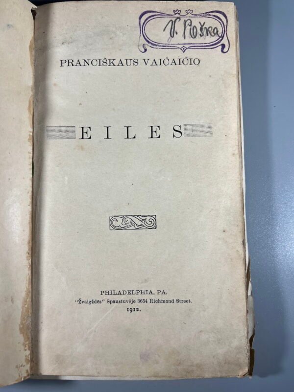 Knyga Pranciškaus Vaičaičio eilės, 1912 m. Filadelfija (JAV). Kaina 23