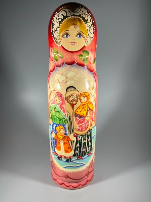 Matrioška, dėžutė buteliui, medinė, tapyta, rusiška, aukštis 33 cm. Kaina 68