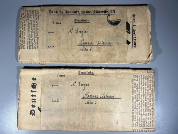 Napalio Grigo tarpukario laikų korespondencija, užsakyti vokiški laikraščiai. Nenaudota. 2 vnt. Kaina po 18