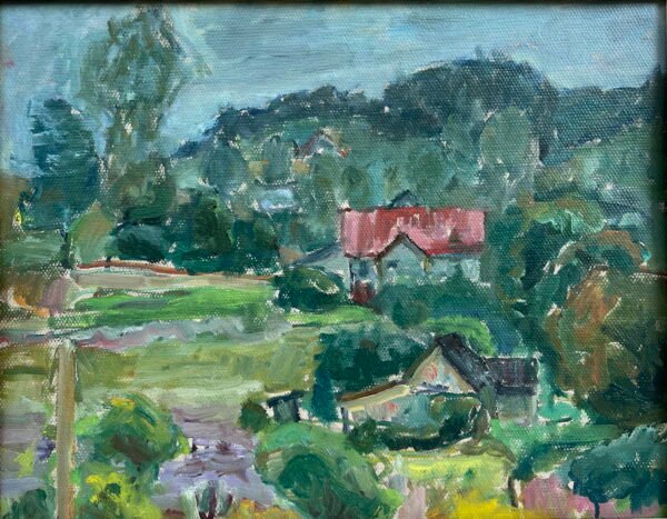 Paveikslas „Sapieginės peizažas su namu raudonu stogu“. Kartonu, aliejus. Autorius Linas Leonas Katinas (1941–2020), Lietuva. 1958 m. Kaina 1385