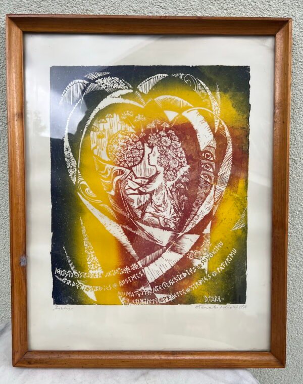 Paveikslas Širdis, D. Tarabildienė, 1976 m. pop., spalv. linoraiž. Kaina 228