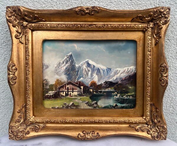 Paveikslas Alpių peizažas. Kartonas, aliejus. Kaina 78