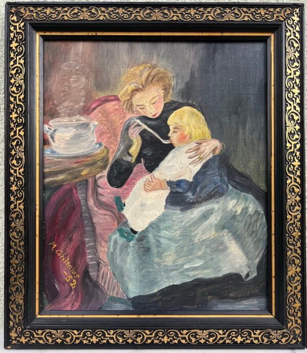 Paveikslas Motina maitina vaiką. Aliejinė tapyba. Kartonas, aliejus. Kaina 43