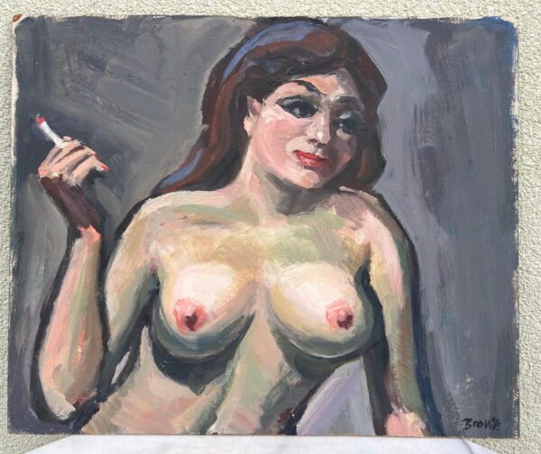 Paveikslas Nuoga moteris su cigarete. Kartonas, akrilas, tempera. Åke Brovik (Sweden, 1911-1988). Kaina 52