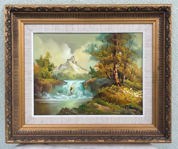 Paveikslas Peizažas su upeliu ir kriokliu. Drobė, aliejus. M. Fleury. Kaina 168