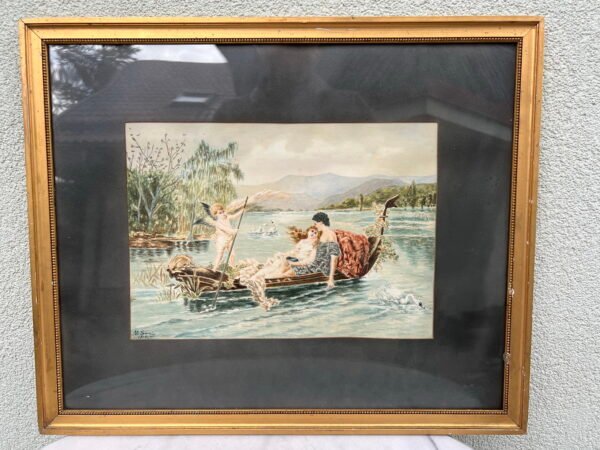 Paveikslas Romantiškas pasiplaukiojimas gondola, akvarelė, popierius. M. Severin, 1918 m. Kaina 38