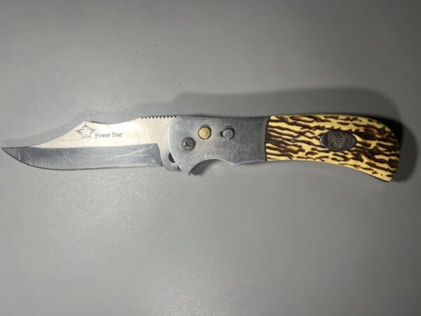 Peilis kišeninis sulankstomas, prekės ženklas „Power Star“ ant geležtės, medžioklinis, išgyvenimo peilis, dekoratyvi, rago imitacijos rankena. Kaina 18