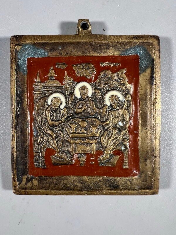 Ikona, plaketė Šventoji Trejybė, antikvarinė, stačiatikių, krikščionių ortodoksų, pravoslavų puošta 2 spalvų emale, nedidelė. Kaina 83