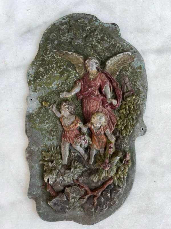 Plaketė religinė, antikvarinė, Metalinė, išlikę tapybos fragmentai. Kaina 53