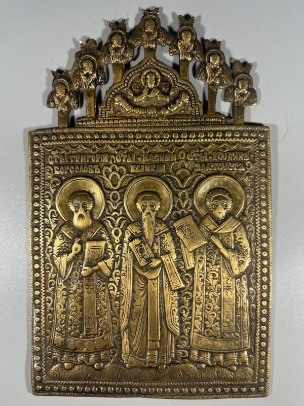 Ikona, plaketė 3 šventieji: Šv. Grigalius, Šv. Bazilijus ir Šv. Jonas Auksaburnis, antikvarinė, stačiatikių, krikščionių ortodoksų, pravoslavų. Kaina 212