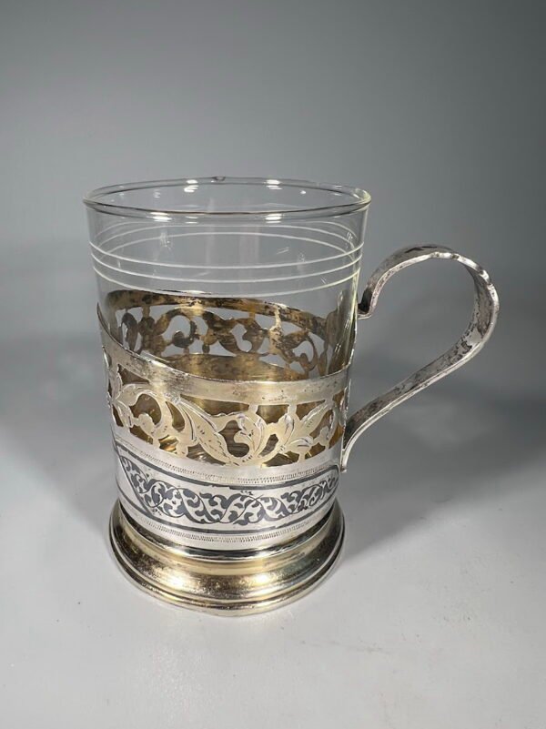 Podstakanikas, stiklinių laikiklis sidabrinis, antikvarinis Dagestan, Кубачи (Podstakannik, Tea glass holder). Praba 875. Svoris 83 g. 1955 m. Kaina 243