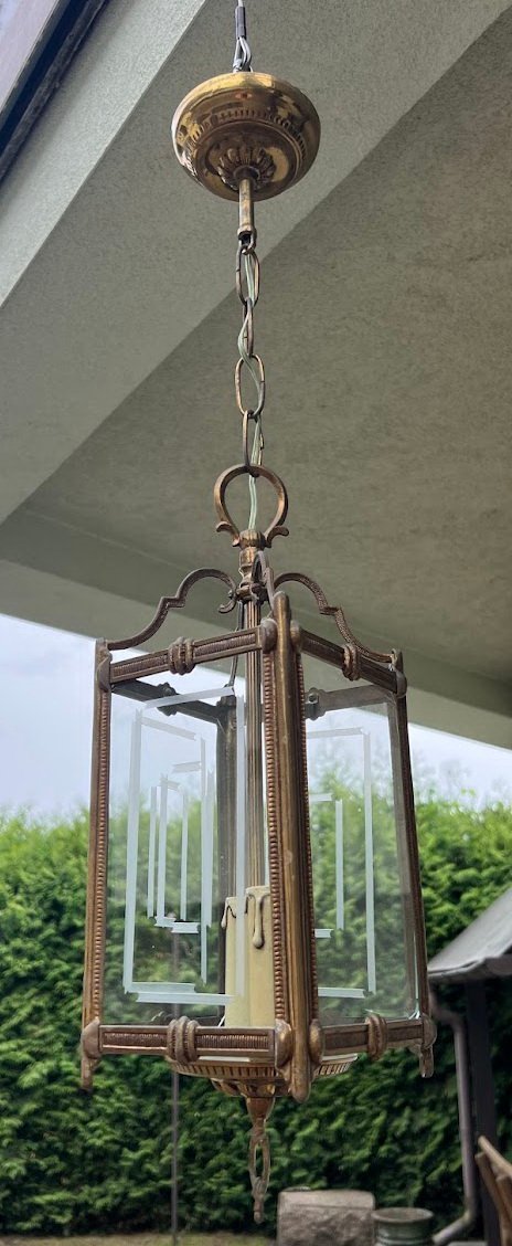 Šviestuvas, žibintas, prancūziškas, antikvarinis. Žalvaris ir stiklas. Kaina 138