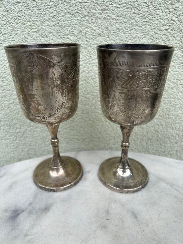 Taurės, taurė sidabruota, graviruota E.P.N.S. XIX a. pb.- XX a. pr. Talpa 300 ml. 2 vnt. Kaina po 16