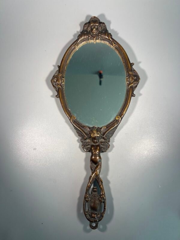 Veidrodėlis, veidrodis rankinis, antikvarinis, Art Nouveau stiliaus, prancūziškas, puoštas angelu. 1880-1900 m. Kaina 66