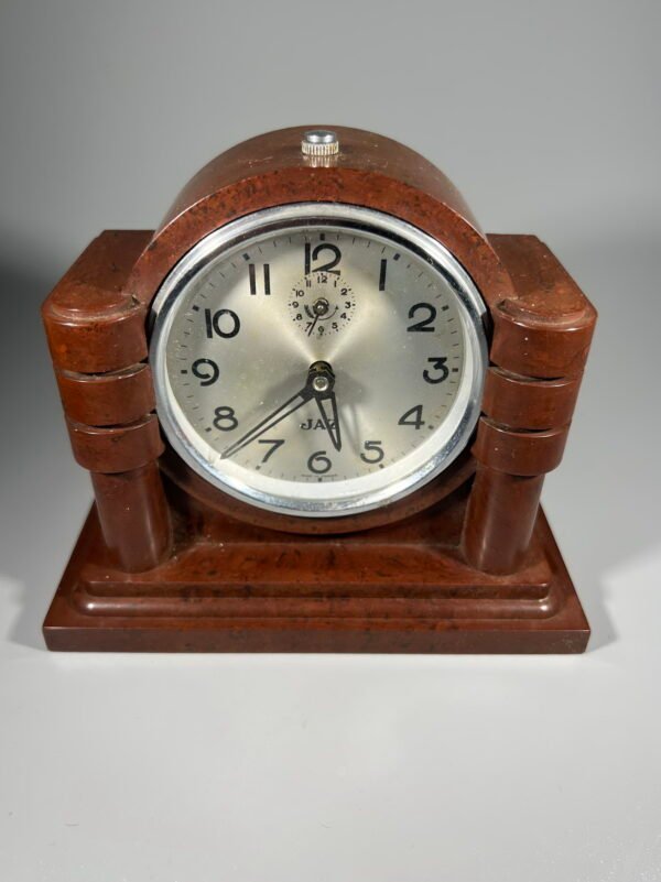 Laikrodis, žadintuvas JAZZ, antikvarinis, Art Deco stiliaus, tarpukario laikų, prancūziškas. Veikiantis. Kaina 178