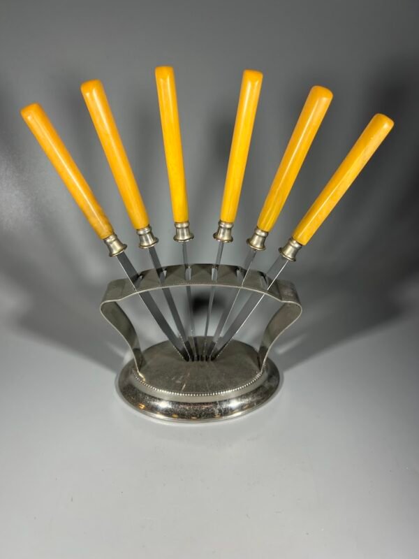 Vaisių peilių rinkinys su stovu, antikvarinis, Art Deco stiliaus, 6 peiliai vaisiams. Kaina 58