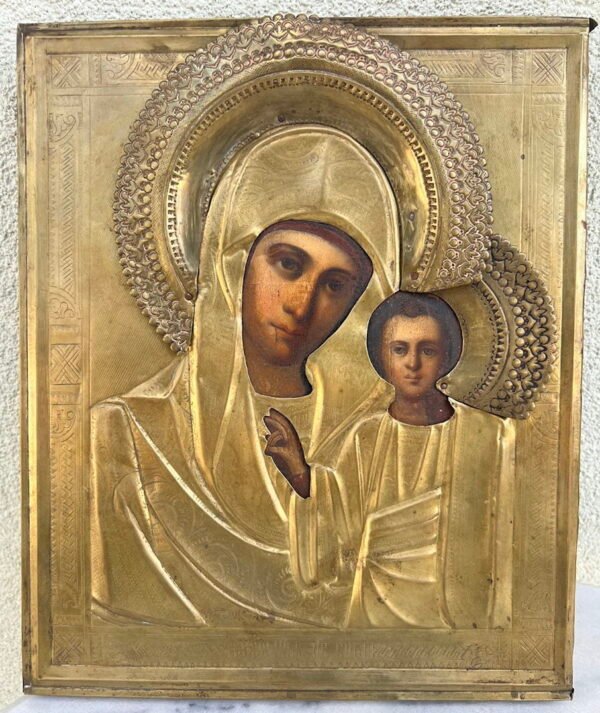 Ikona Kazanės Dievo Motinos, Икона Образ Казанской Пресвятой Богородицы, antikvarinė, aliejinė tapyba ant medžio, žalvariniu okladu. Originali rusų stačiatikių ikona. XIX a. pb. Kaina 487