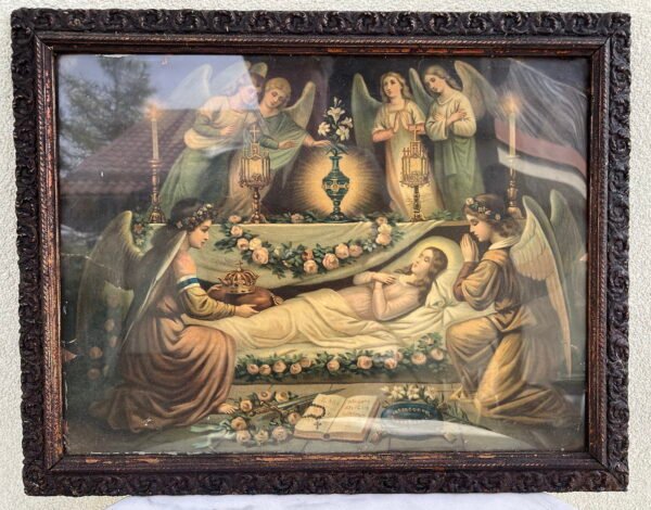 Litografija Švč. Mergelė Marija kape, saugoma angelų, antikvarinė, tarpukario laikų. Kaina 33