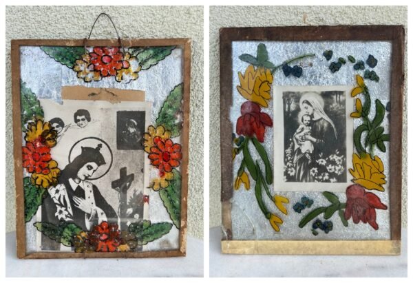 Dzūkų ikonos, religiniai paveikslai tapyti ant stiklo. Simnas. 2 vnt. Kaina 32 už abu.