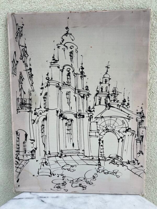 Paveikslas, grafikos kūrinys ant šilko, Vilniaus Šv. Kazimiero bažnyčia ir Basilijonų vartai, tapyba ant šilko, juodas tušas. 45 x 60 cm. Kaina 58