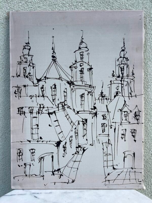 Paveikslas, grafikos kūrinys ant šilko, Vilniaus Šv. Jonų bažnyčia ir jos varpinė, tapyba ant šilko, juodas tušas. 45 x 60 cm. Kaina 58