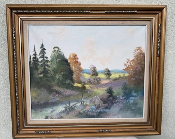 Vintažinis aliejinės tapybos paveikslas „Rudens peizažas su upeliu“ | Medinis rėmas, 68 x 79 cm.