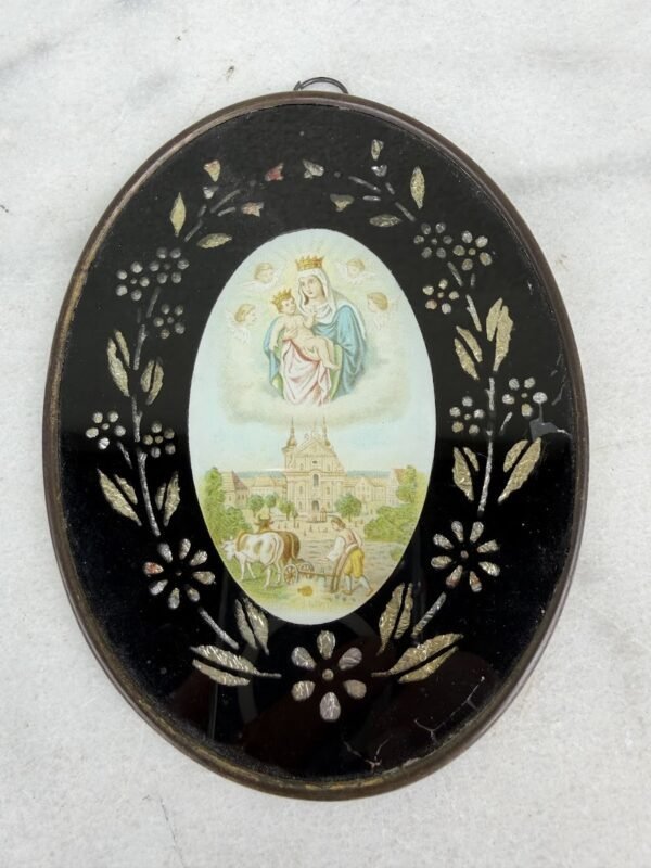 Antikvarinis religinis paveikslas-miniatiūra „Šv. Marija su Kūdikiu ir angelais“ (Ovalas, 1902 m., 11x14 cm.)