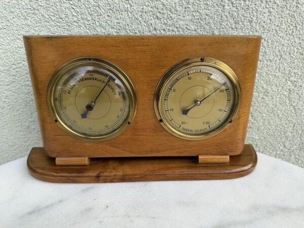 Vintažinė medinė stalinė meteorologinė stotelė – Vokiškas aneroidinis barometras ir termometras. Veikiantis (28 x 16 cm)