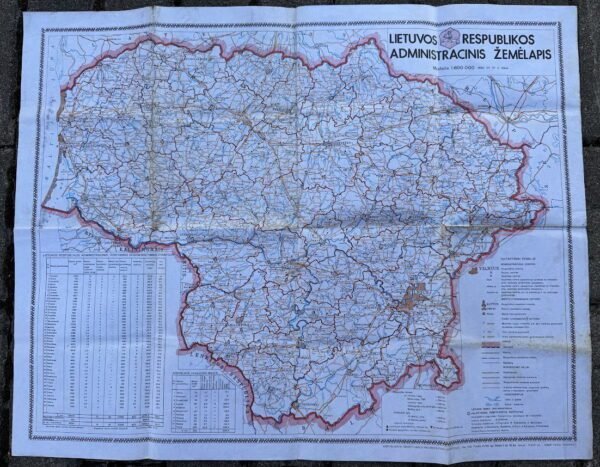 Istorinis 1990 m. Lietuvos Respublikos administracinis žemėlapis (57 x 72 cm, Valstybinis žemėtvarkos institutas)