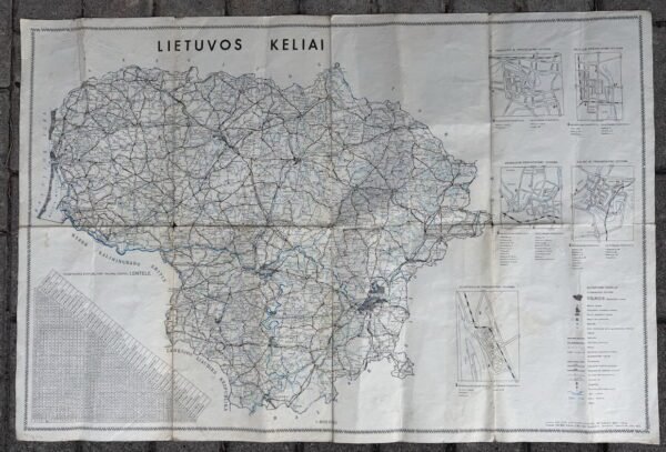Vintažinis 1990 m. žemėlapis „Lietuvos keliai“ (58 x 68 cm, Mastelis 1:600 000)