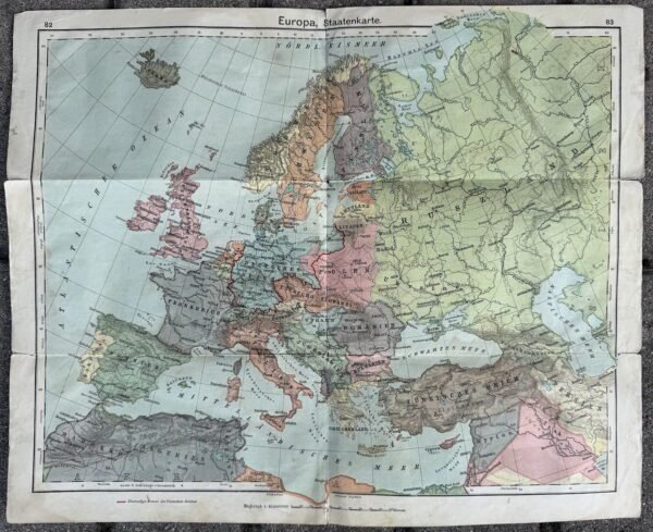 Antikvarinis dvipusis Europos politinis žemėlapis „Europa, Staatenkarte“ (1924–1925 m., 35 x 43 cm)
