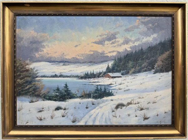 Didelis antikvarinis paveikslas „Žiemos ramybė“ – E. Birk, aliejus / drobė (70 x 95 cm)