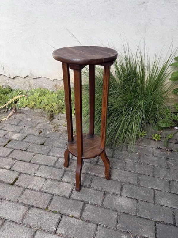 Antikvarinis apvalus ąžuolinis gėlių stovas / staliukas (Tarpukaris, aukštis 50 cm, skersmuo 29 cm)