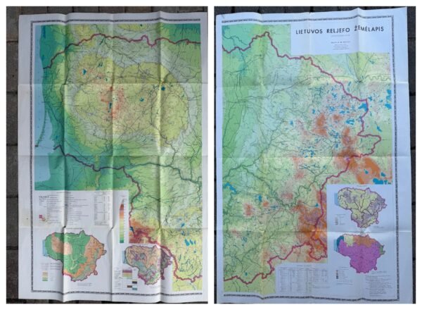 Didelio formato dvilapis 1990 m. Lietuvos reljefo žemėlapis (2 lapai po 73 x 110 cm, Mastelis 1:300.000)