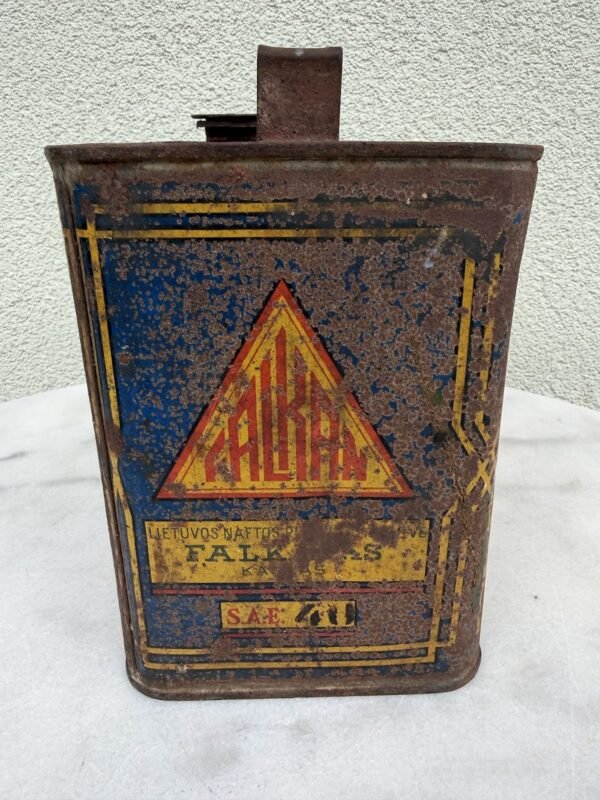 Muziejinė retenybė: tarpukario Lietuvos naftos alyvos skardinė „FALKAS / ROYAL PENN OIL“ (Kaunas, JAV importas, 23x12x17 cm)