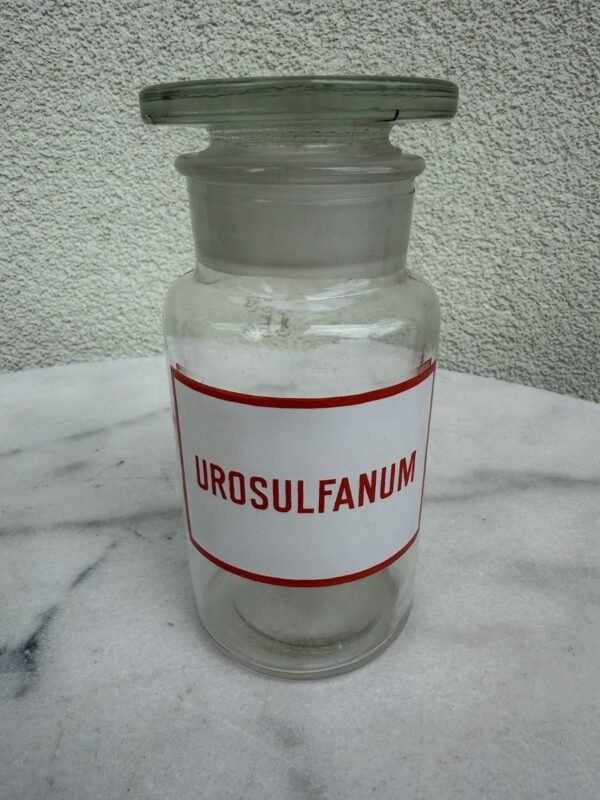Vintažinis stiklinis vaistinės indas „Urosulfanum“ (Aukštis 15 cm)