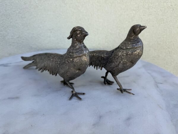 Vintažinė sidabruotų fazanų figūrėlių porelė (2 vnt. komplektas, 28 cm)