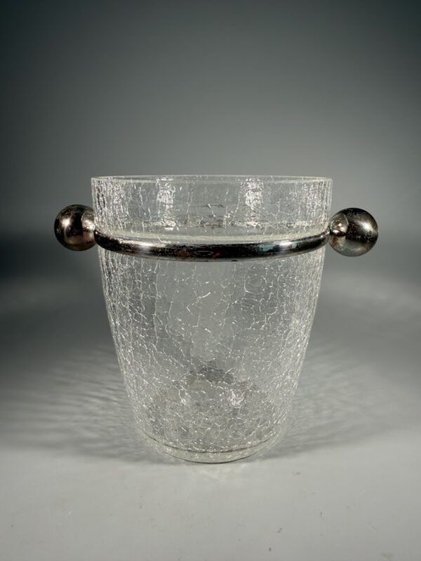 Vintažinis Art Deco ledukų kibirėlis iš skelto stiklo („Crackle Glass“) su metalinėmis rankenėlėmis (13 cm)