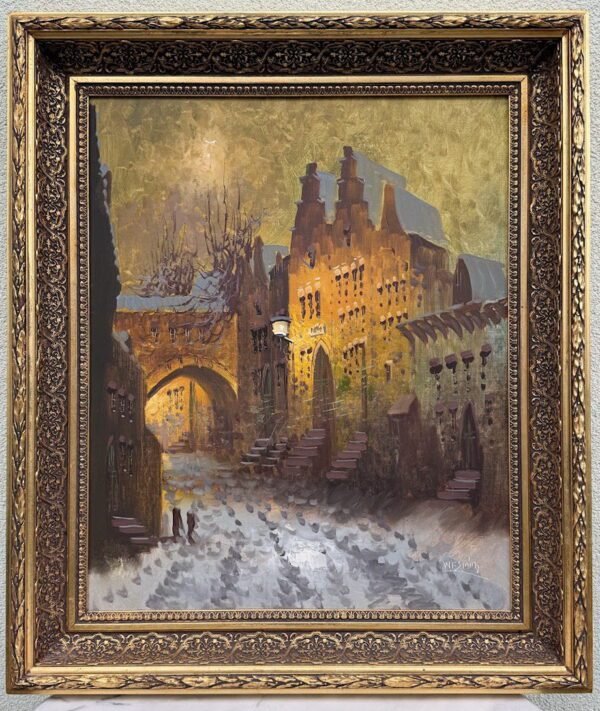 Paveikslas „Žiemos naktis senamiestyje“, W.F. Smith (g. 1940 m.), aliejus, drobė, 65 x 75 cm